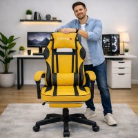 Дизайнерське геймерське крісло до 130 кг з масажною подушкою, підніжкою ThroneX жовте з чорним PVC 001