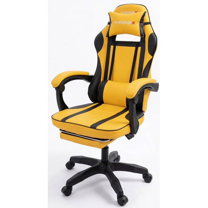 Дизайнерське геймерське крісло до 130 кг з масажною подушкою, підніжкою ThroneX жовте з чорним PVC 001