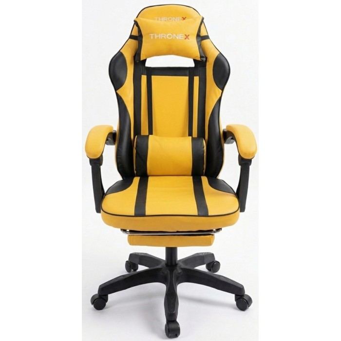 Дизайнерське геймерське крісло до 130 кг з масажною подушкою, підніжкою ThroneX жовте з чорним PVC 001