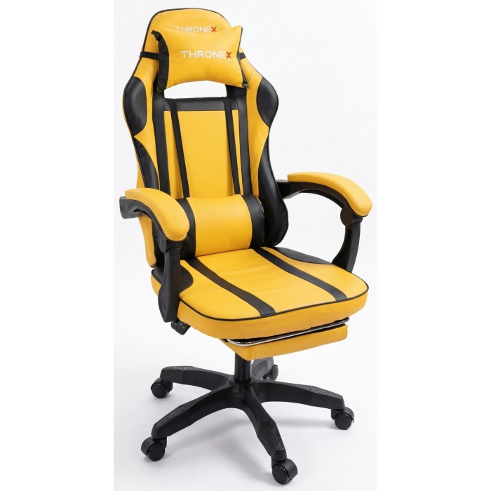 Дизайнерське геймерське крісло до 130 кг з масажною подушкою, підніжкою ThroneX жовте з чорним PVC 001