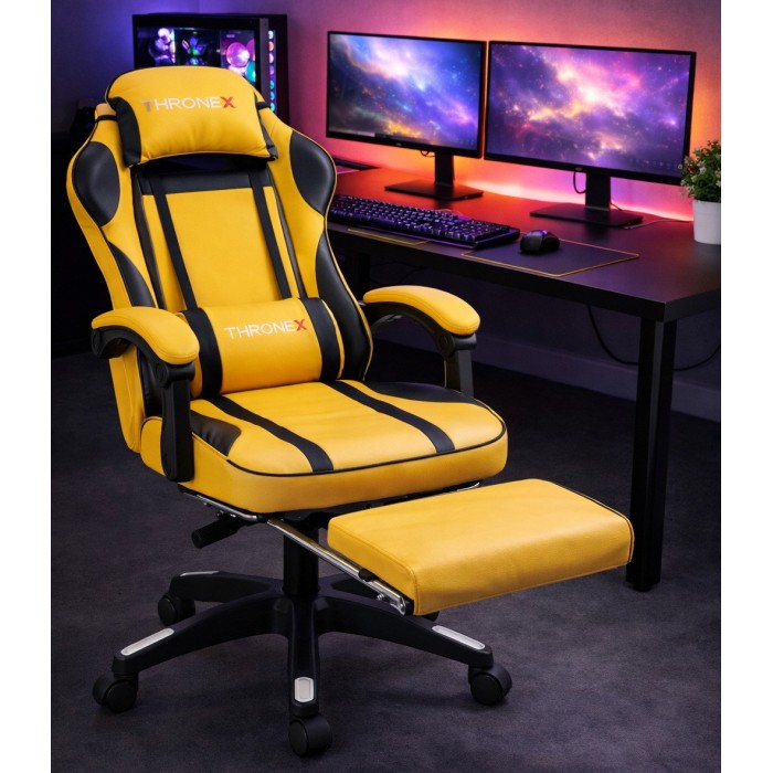 Дизайнерське геймерське крісло до 130 кг з масажною подушкою, підніжкою ThroneX жовте з чорним PVC 001