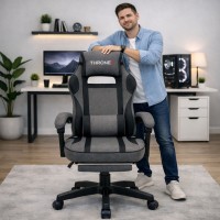 Дизайнерське геймерське крісло з тканини до 130 кг з масажною подушкою, підніжкою ThroneX темно-сіре з чорним linen 006