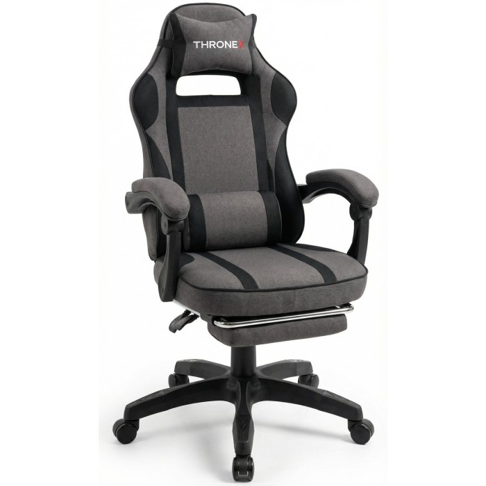 Дизайнерське геймерське крісло з тканини до 130 кг з масажною подушкою, підніжкою ThroneX темно-сіре з чорним linen 006