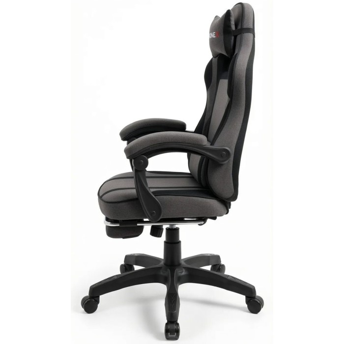 Дизайнерське геймерське крісло з тканини до 130 кг з масажною подушкою, підніжкою ThroneX темно-сіре з чорним linen 006
