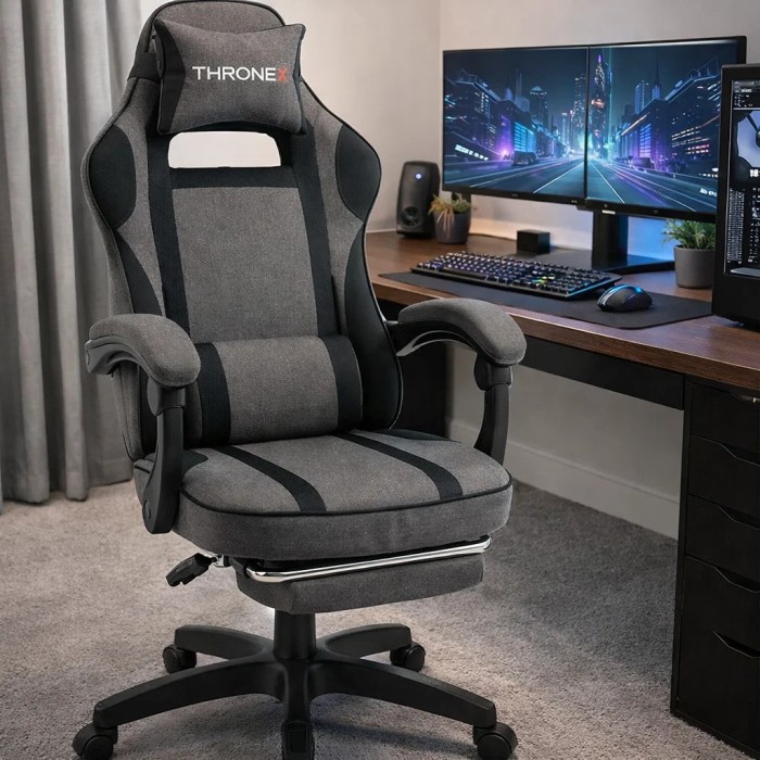 Дизайнерське геймерське крісло з тканини до 130 кг з масажною подушкою, підніжкою ThroneX темно-сіре з чорним linen 006