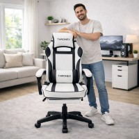 Дизайнерське геймерське крісло до 130 кг з масажною подушкою, підніжкою ThroneX біле з чорним PVC 002