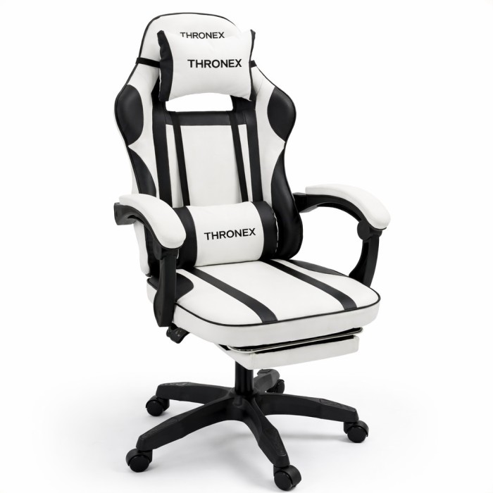 Дизайнерське геймерське крісло до 130 кг з масажною подушкою, підніжкою ThroneX біле з чорним PVC 002
