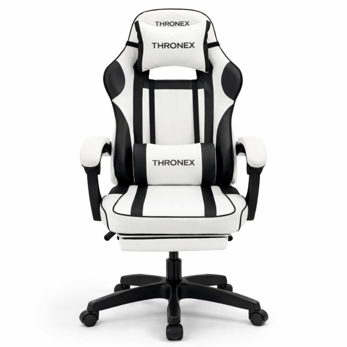 Дизайнерське геймерське крісло до 130 кг з масажною подушкою, підніжкою ThroneX біле з чорним PVC 002