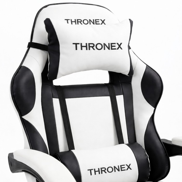 Дизайнерське геймерське крісло до 130 кг з масажною подушкою, підніжкою ThroneX біле з чорним PVC 002