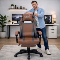 Дизайнерське геймерське крісло до 130 кг з масажною подушкою, підніжкою ThroneX коричневе з графітом PVC 005