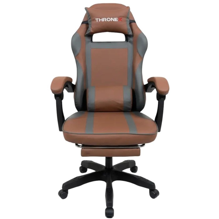 Дизайнерське геймерське крісло до 130 кг з масажною подушкою, підніжкою ThroneX коричневе з графітом PVC 005