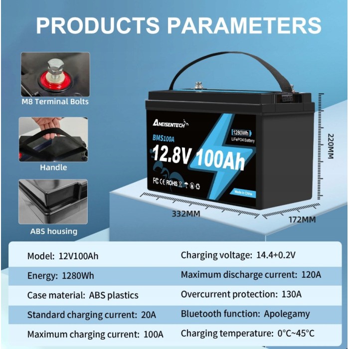 LiFePO4 12V 100Ah Акумулятор Ameisentech, BMS, 1280Wh