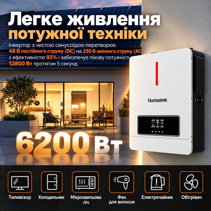 6,2 кВт*год Комплект резервного живлення Інвертор Humsienk + акумулятор 5,12 кВт·год GENFORCE, з BMS, Wi-Fi та Bluetooth рековий