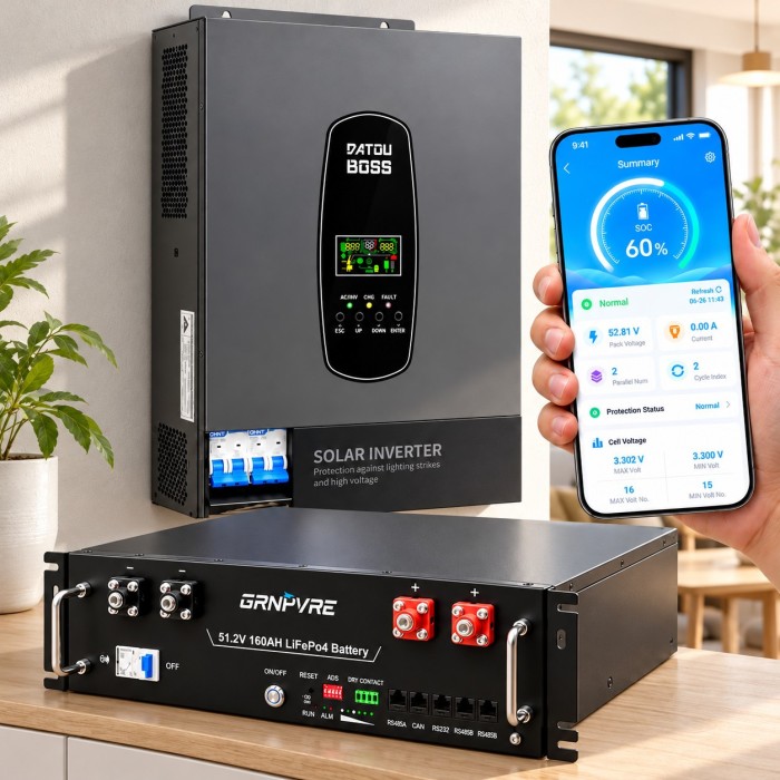 6,2 кВт*год Комплект резервного живлення Інвертор Datouboss DT4862L + акумулятором GRNYVRE 51,2 В 100 А·год, для квартир, офісу