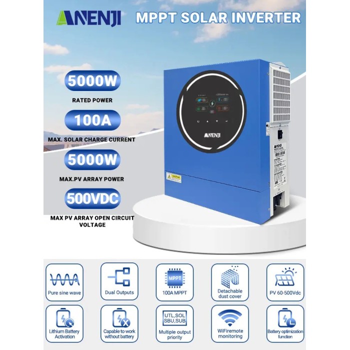 Комплект 5 кВт + 5.1 кВт*г інвертор Anenji з WiFi-модулем + акумулятор Datouboss LiFePO4 48V/100Ah для резервного живлення  будинку, квартири