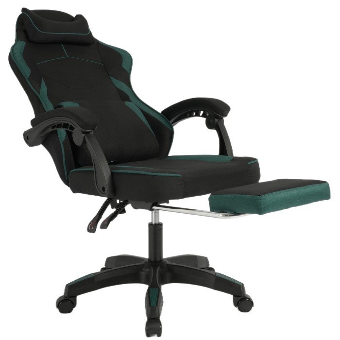 Геймерське крісло Vector: тканинна оббивка, масажна подушка, висувна підніжка, чорно-зелене