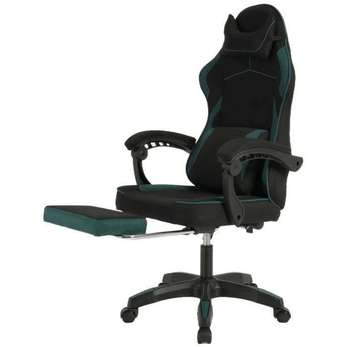 Геймерське крісло Vector: тканинна оббивка, масажна подушка, висувна підніжка, чорно-зелене