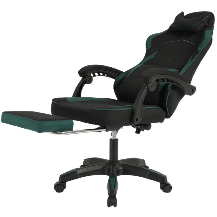 Геймерське крісло Vector: тканинна оббивка, масажна подушка, висувна підніжка, чорно-зелене