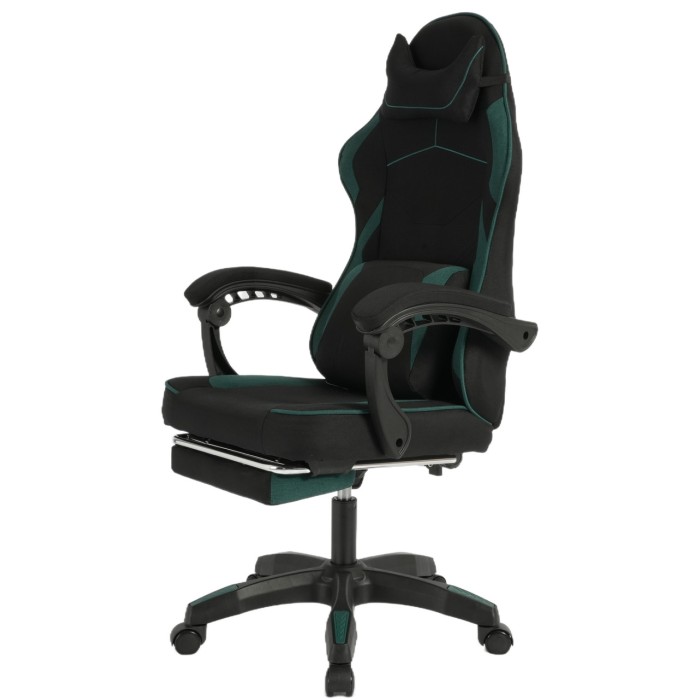 Геймерське крісло Vector: тканинна оббивка, масажна подушка, висувна підніжка, чорно-зелене