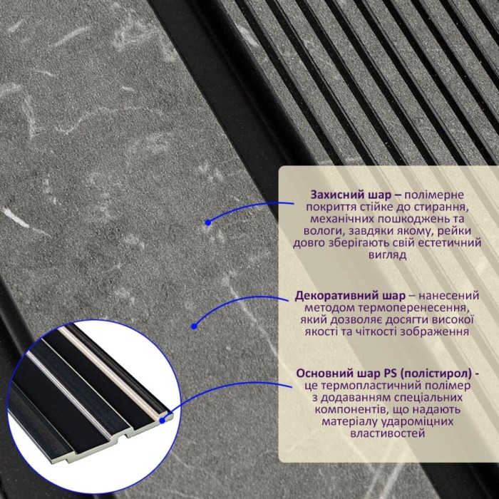 Рейка декоративна PS 2900х120х12мм Сірий мармур SW-00001751