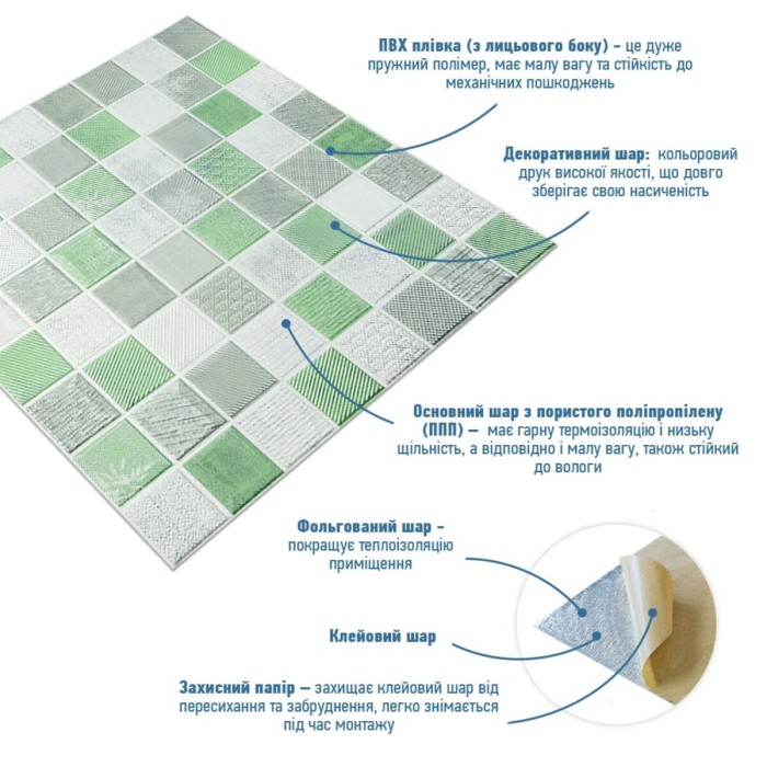 Панель стінова 3D 700х700х4мм Мозаїка зелена SW-00002010