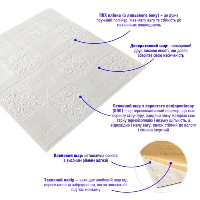 Самоклеюча декоративна настінно-стельова 3D панель 700х700х3мм Білий(114-3) SW-00000697