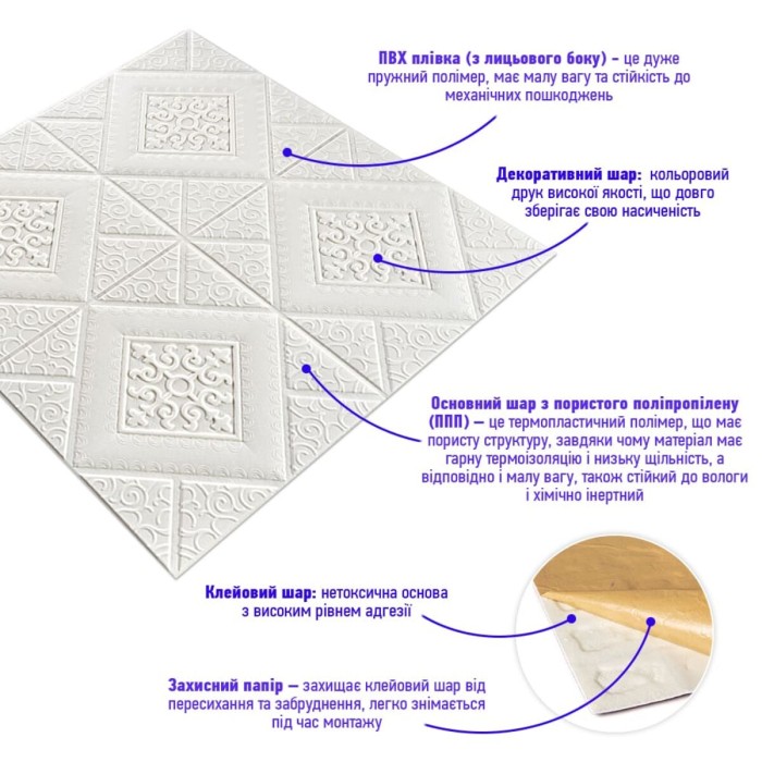 Самоклеюча декоративна настінно-стельова 3D панель вензеля в ромбі 700х700х5мм (374) SW-00000881