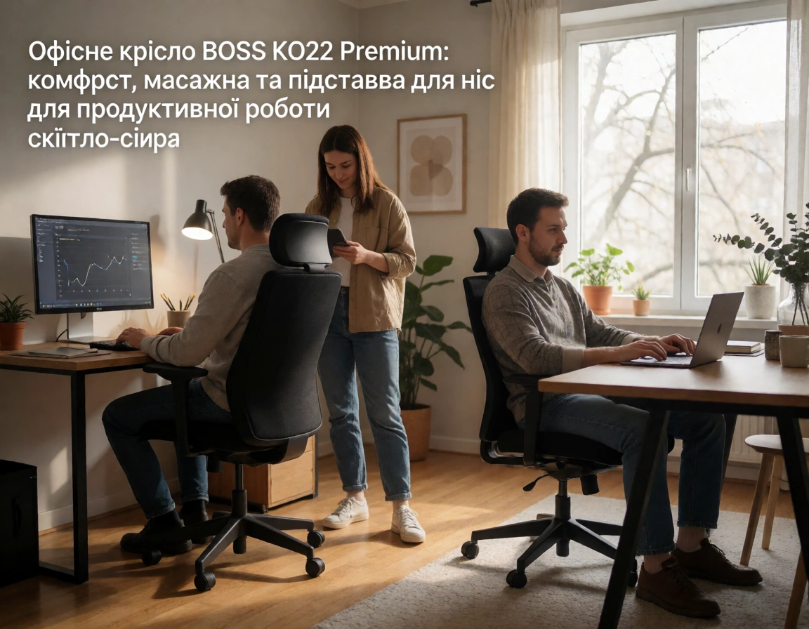 Офісне крісло BOSS KO22 Premium з масажером, висувна підставка для ніг, тканина, світло-сіра